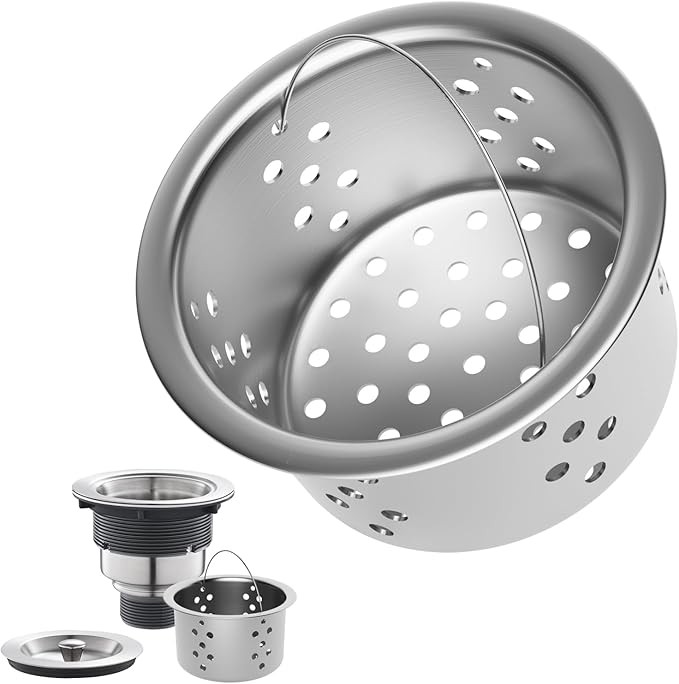 POPFLY SUS 304 Stainless Steel Deep Sink Strainer Basket – Fits Standard 3-1/2" Kitchen Drains, 2.5" Replacement Option – Removable Drain Basket with Handle for Easy Food Debris Cleaning