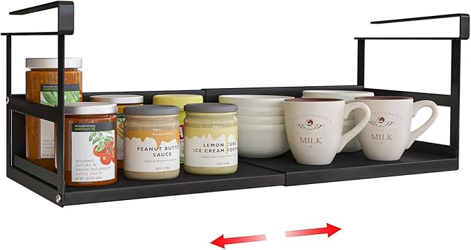 SHINEWON Expandable Under Cabinet Shelf Organizer with 0.94-Inch Thick Clips, Heavy Duty Extendable Under Shelf Storage Basket for Pantry or Laundry Room, Black, 1 Pack, Interior: 5.7" H x 7.2" D