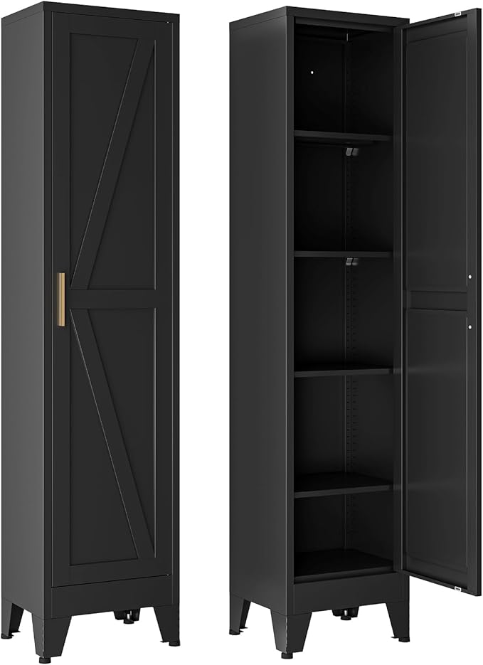 YNIQUESTLE 67" Tall Storage Cabinet with Reversible Doors and Adjustable Shelves,Metal Slim Freestanding Cabinets for Bathroom Kitchen Garage Small Spaces,Black