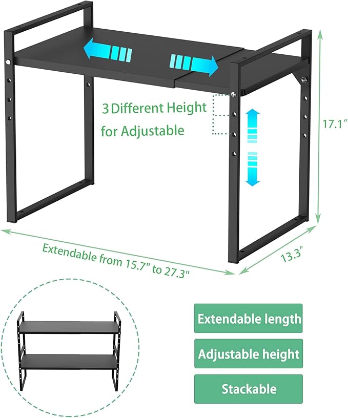 Redrubbit Extendable Microwave Oven Rack, Heavy Duty Steel Metal Shelf Adjustable Height Home Office Pantry Shelf Space for Kitchen Counter Organization, Black