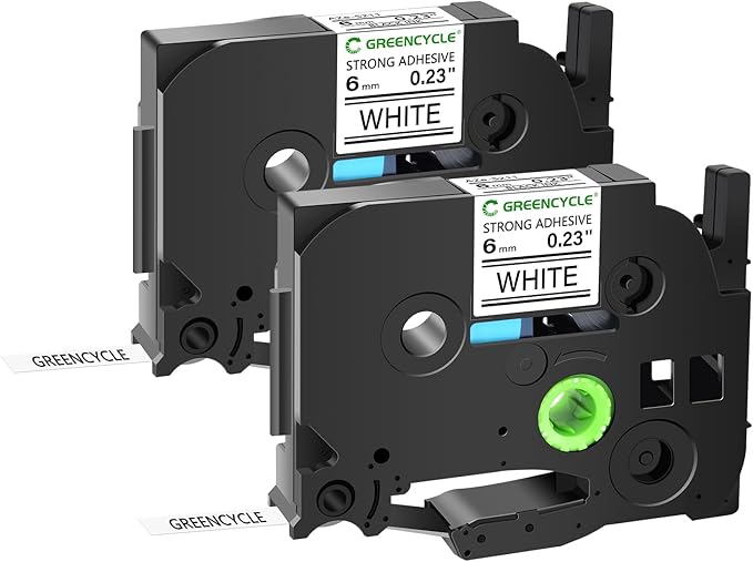 GREENCYCLE Extra Strength Adhesive Black on White Label Tape Compatible for TZE-S211 TZS211 AZES211 1/4" 6mm for PT-E550W PT2430PC 1890C PT-D210 PTP300BT PT-1010 PTH100 PTH110 D200-2 Pack