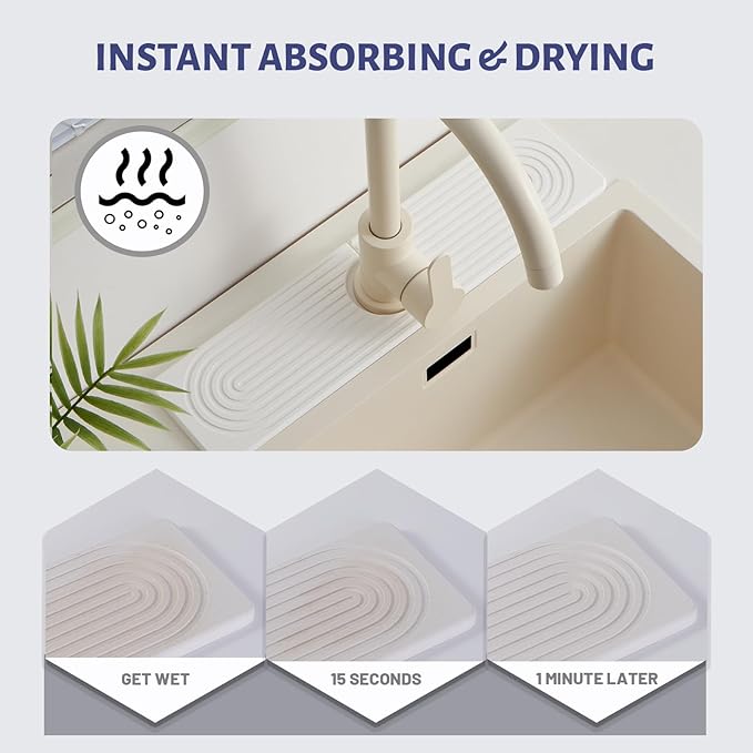 Stone Faucet Mat for Kitchen Sink，Super Absorbent Diatomite Fast Drying Stone and Bathroom Stone Tray for Counter Quick Drying Splash Guard,Prevents Moisture Buildup Sink(White,15.8" x 3.9")