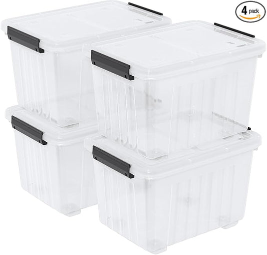 50 Quart Large Plastic Storage Box with Wheels, Latching Box with Lid, Wheeled Storage Bin, 4 Packs
