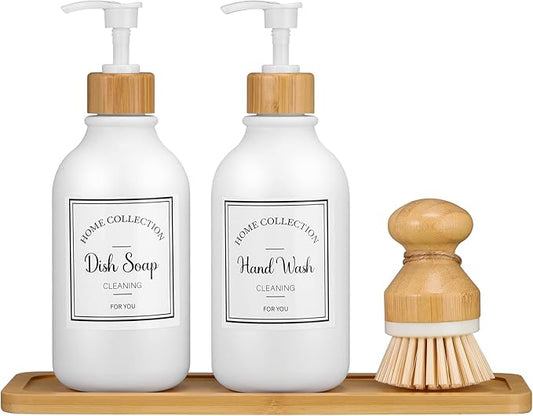 Zopeal 4 Pcs 16 oz Kitchen Soap Dispenser Set with Bamboo Tray and Dish Brush Plastic Soap Dispenser Set with Waterproof Labels for Hand Dish Lotion(Frosted White)