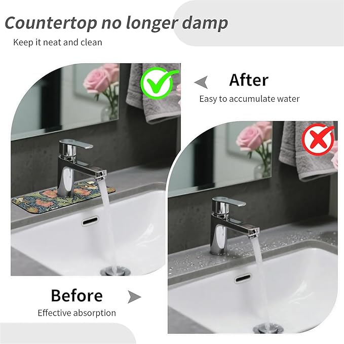 Kitchen Sink Splash Guard，Floral and leaf Faucet Mat Sink Gadgets-Super Absorbent Fast Drying Mat Drip Catcher for Kitchen, Bathroom,Sink Mat, Dish Drying Mat, Bathroom(15" X 5.5" )