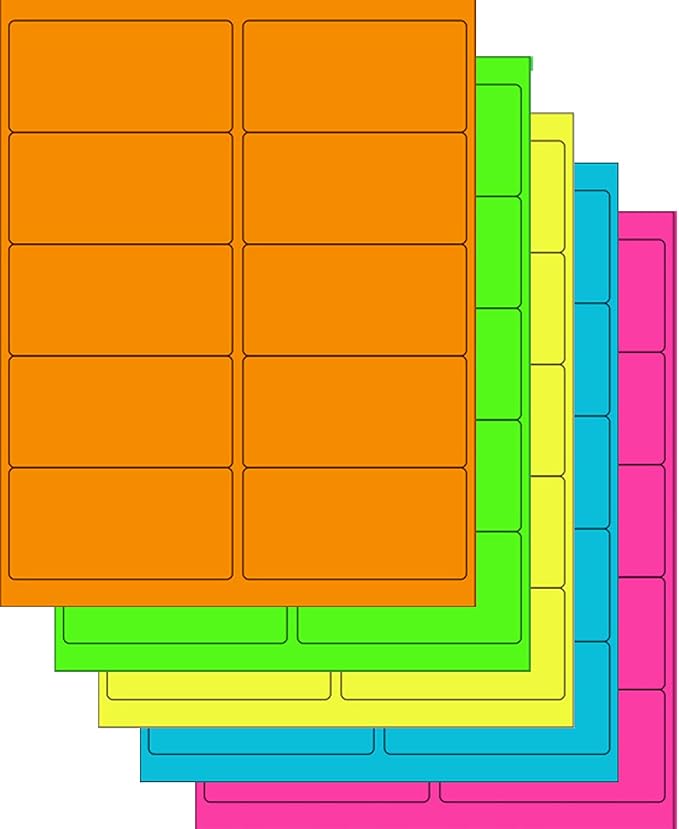 NextDayLabels - Assorted Fluorescent Labels | 5 Colors - Green, Orange, Blue, Yellow and Pink | 5 Sheets of Each Color | 4"x 2" - 10 Per Page | 250 Labels