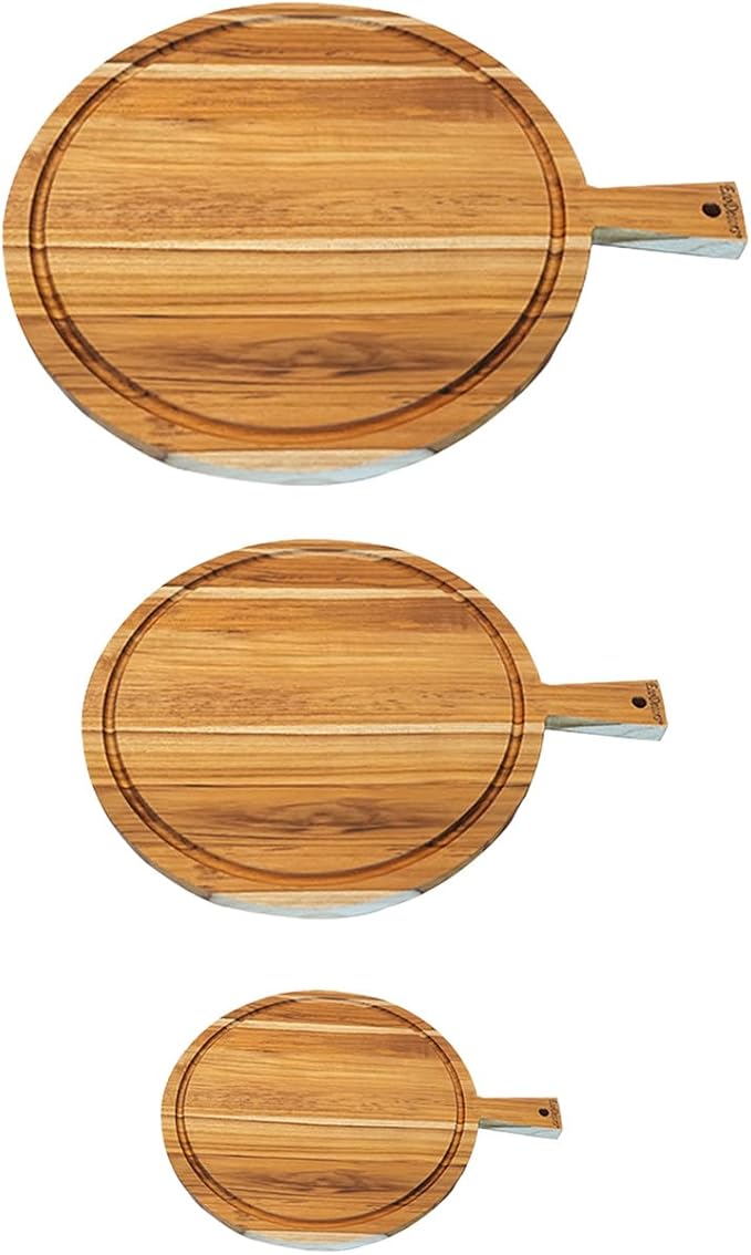 EcoDecors 3 Piece Round Teak Cutting Board Set with Handle, FSC Certified Teak Wood, Edge Grain with Juice Groove, Carving Board for Kitchen and Prep
