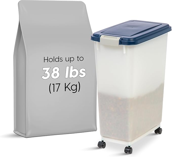 IRIS USA Airtight Dog Food Storage Container, Up to 38 lbs, Attachable Wheels, For Dog Cat Bird and Other Pet Food Storage Bin, Keep Fresh, Easy Mobility, BPA Free, Navy/Pearl