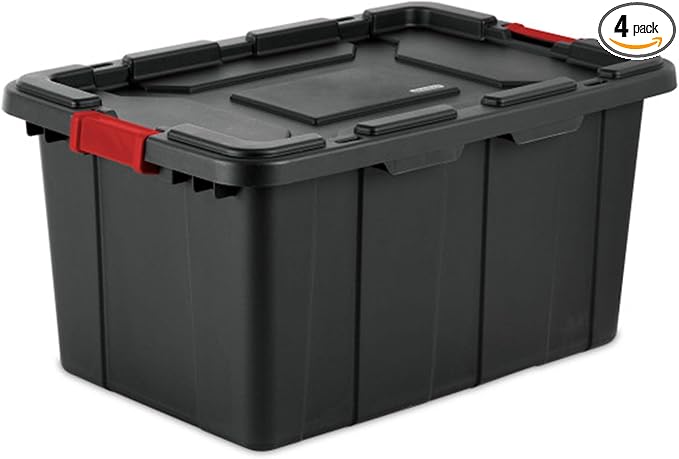 Sterilite 4-Pack Industrial Tote, Plastic Storage Bins with Lids, 27 Gallon, Black - Heavy-Duty Organizing Containers for Closet, Bathroom, and Office