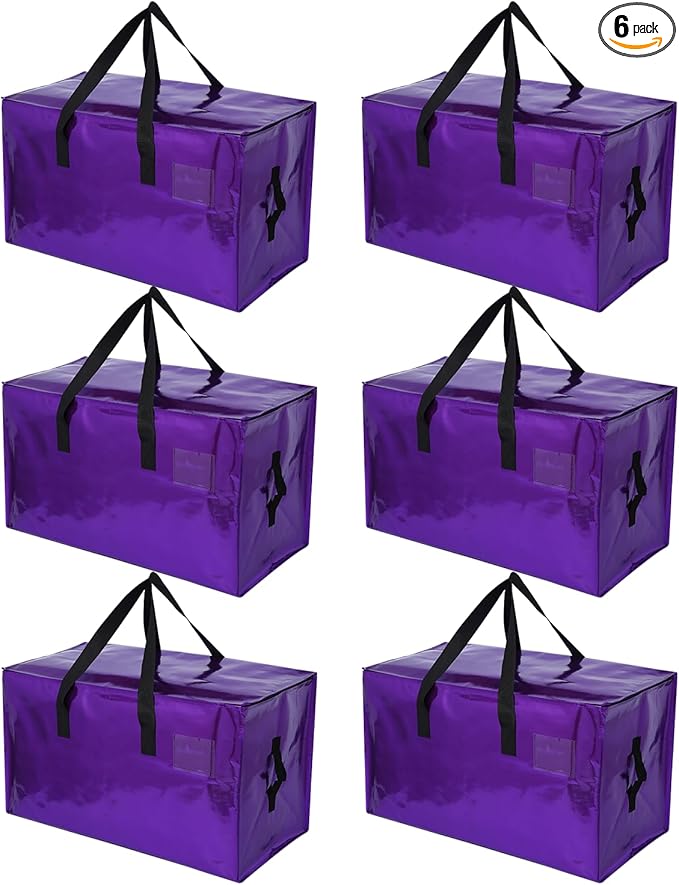 6 Pack Moving Bags Heavy Duty, Extra Large Moving Bags, Moving Supplies, Storage Bags with Handles and Zippers, Waterproof Totes for Storage Saving Packaging Shipping and Travel(Laser Purple)