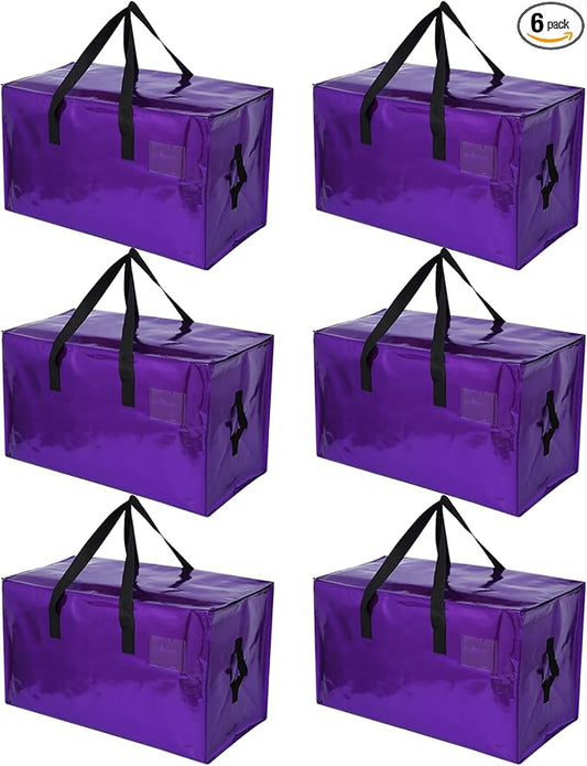 6 Pack Moving Bags Heavy Duty, Extra Large Moving Bags, Moving Supplies, Storage Bags with Handles and Zippers, Waterproof Totes for Storage Saving Packaging Shipping and Travel(Laser Purple)
