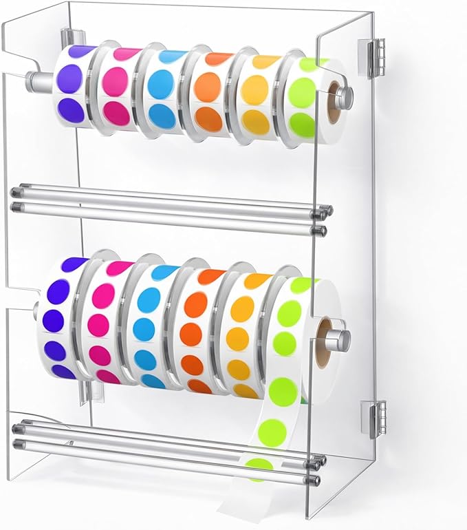 Day of The Week Sticker Dispenser 2.17" Square Acrylic Sticker Roll Holder Covered Label Dispenser Wall Mount 6 Slot Per Layer Holder for Office Desktop Stickers, Clear, 12 Slot Double Layer(No Label)