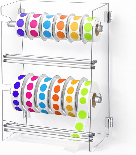 Day of The Week Sticker Dispenser 2.17" Square Acrylic Sticker Roll Holder Covered Label Dispenser Wall Mount 6 Slot Per Layer Holder for Office Desktop Stickers, Clear, 12 Slot Double Layer(No Label)