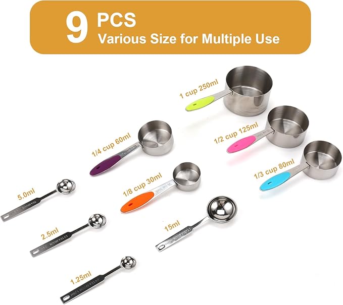 9-Piece Measuring Set, Stainless Steel Cups and Spoons with Handles,Large and small combinations with multiple sizes