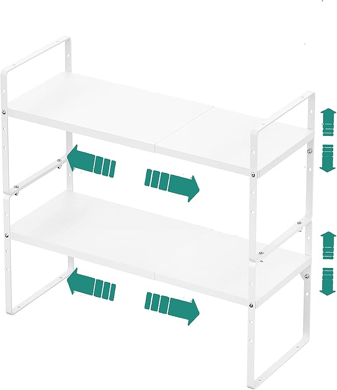 SUZLON Expandable Cabinet Shelf Organizer Rack, Stackable Kitchen Counter Storage Shelves Stand, Adjustable Height Pantry Shelf Spice Rack, Heavy Duty Nonslip White Small 2Pack