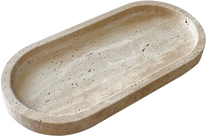 SAIDKOCC Natural Marble Oval Tray Ornaments Vintage Small Tray Storage Dish for Counter, Vanity, Dresser, Nightstand and Desk (Beige Travertine)