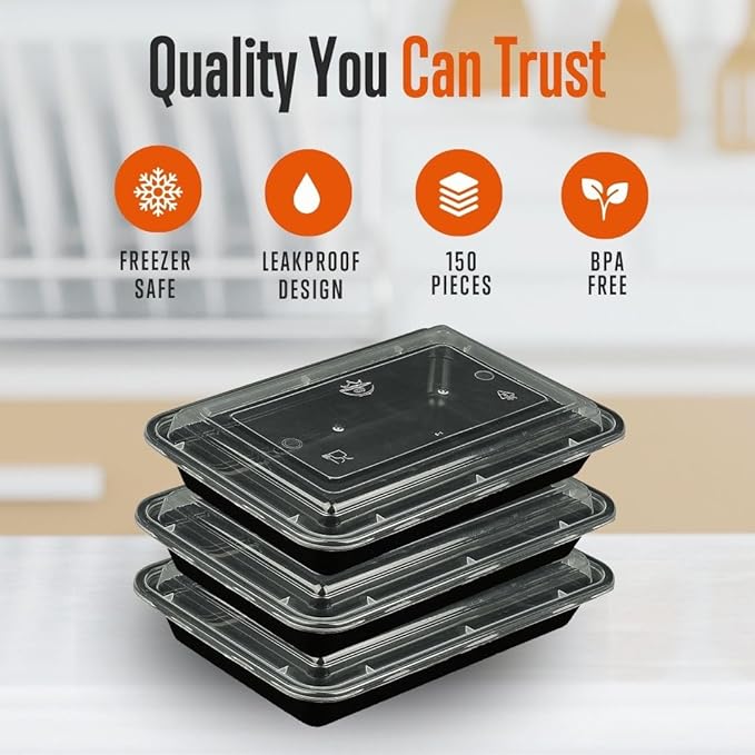 SQUATZ 150 Meal Prep Containers with Lids - 33oz, Microwave Safe, Reusable Food Storage, Freezer Safe, Leak-Free, Stackable Lunch Container, BPA Free, Includes 150(Forks, Knives, Spoons EACH)