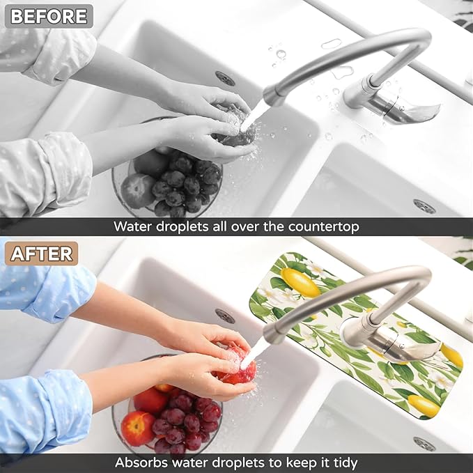 Lemon Blossom Pattern Kitchen Faucet Mat Splash Guard, 15.4”x5.7” Absorbent Quick Drying Sink Mat for Countertop Protection, Draining Mat Sink Protectors For Kitchen Bathroom, 1 Pack