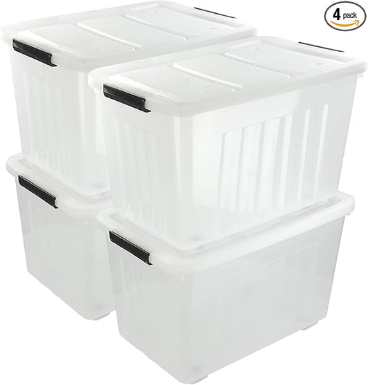 70 L Clear Storage Containers, 4-Pack, Plastic Stackable Storage Bins with Lids and Wheels, BPA-Free