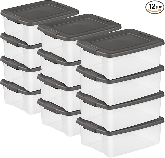 Sterilite 12-Pack ShelfTote, Clear Plastic Storage Bins with Lids, 25 Quart, Gray - Stackable Organizing Container Boxes for Closet, Bathroom, and Office