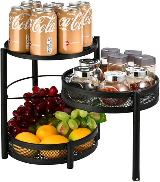 IBERG 3 Tier Spice Rack with Rotating Middle Tier, Mesh Steel Countertop Organizer for Kitchen, Coffee Bar & Bathroom (Black)