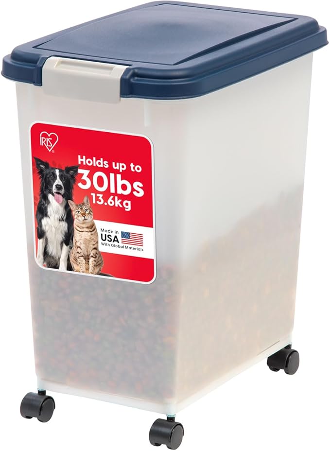 IRIS USA 30 Lbs / 33 Qt WeatherPro Airtight Pet Food Storage Container with Attachable Casters, For Dog Cat Bird and Other Pet Food Storage Bin, Keep Fresh, Easy Mobility, BPA Free, Navy/Pearl