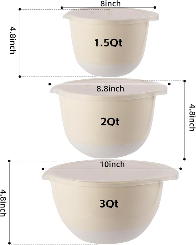 JCXivan 3 Plastic Mixing Bowls with Pour Spout,Lids and TPR Non-Slip Bottom,3Qt,2Qt,1.5Qt,Nesting Bowl Set for Kitchen Prep,Baking,Storage,Batter,Small,BPA free,Dishwasher Safe,Easy to Grip,White