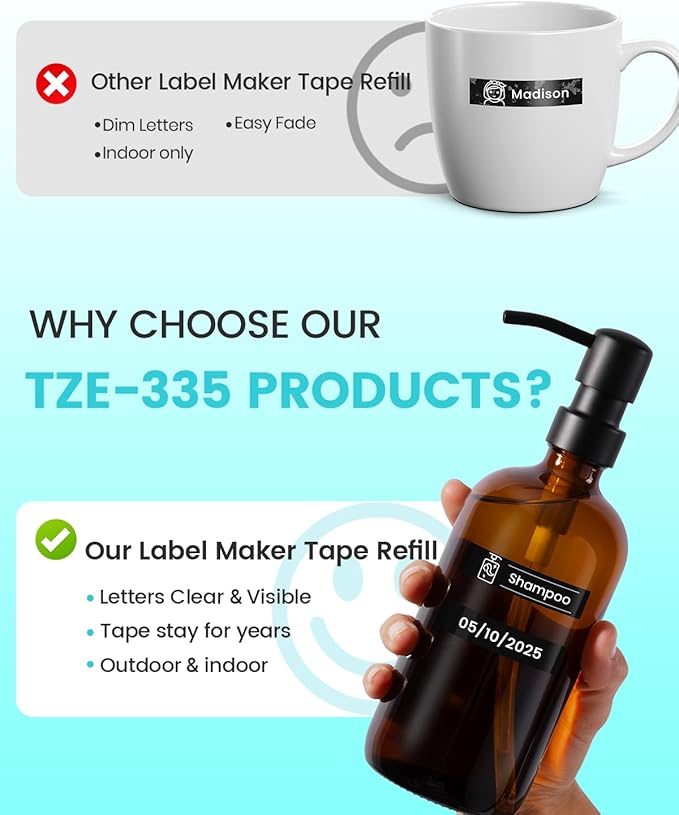 Label Maker Tape Black Replacement for Brother TZe-335 TZe335 Laminated P Touch Label Maker Tape White on Black TZe TZ 12mm 0.47 Laminated for Brother PT-D210 PT-D220 PT-H110 PT-D400 PT-D600, 4-Pack