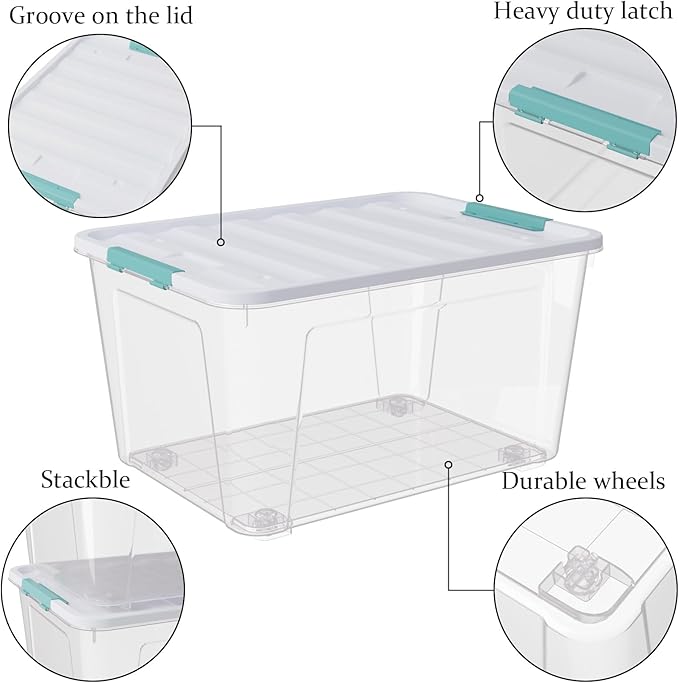Xyskin 2 Pack Large Latching Box with Wheels, Storage Bins with Lids, Clear Plastic, 85 Quart Heavy-Duty Organizing Containers for Closet, Bathroom, and Office