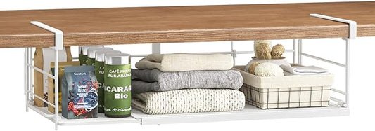Expandable Under Cabinet Shelf, Extendable Under Shelf Storage with Removable Wire-Like Back for Pantry Cabinet, Laundry Room, Shoe Rack. (White, 1 Pack, Interior: 5" H x 10" D)