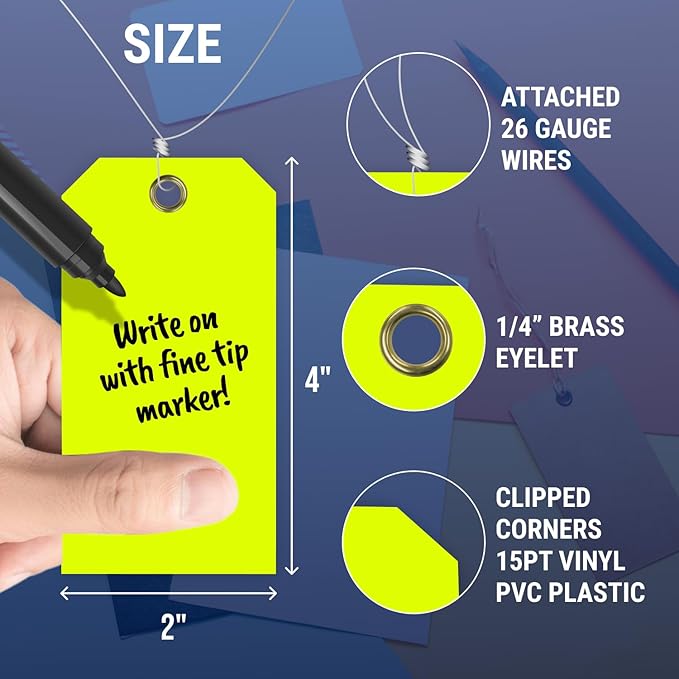 Tags 4 Less 15 Mil Blank Plastic Hang Tags with Attached Wires – 2" x 4" Heavy Duty Waterproof Hanging Labels for Outdoor Tagging, Equipment, Luggage, Valves & More (Fluorescent Yellow, Pack of 50)