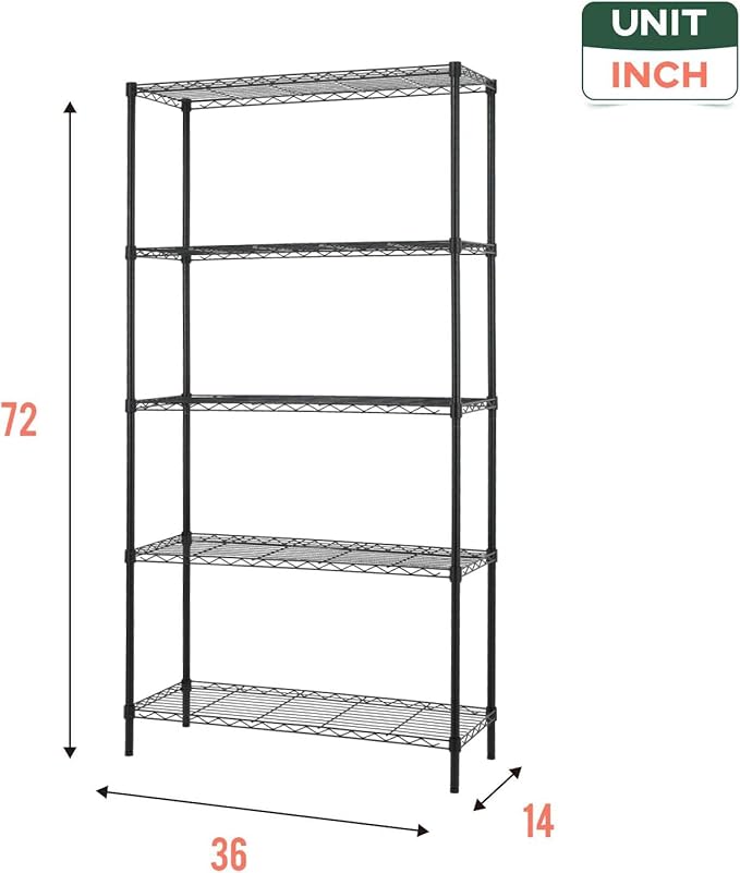 FDW 14" D×36" W×72" H Wire Shelving Unit Commercial Metal Shelf with 5 Tier Adjustable Layer Rack Strong Steel for Restaurant Garage Pantry Kitchen Garage，Black