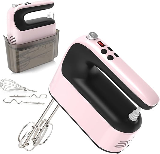 Yomelo 9-Speed Digital Hand Mixer Electric, 400W Powerful DC Motor, Hand Mixer Electric Handheld with Snap-On Storage Case, 5 Stainless Steel Accessories, Beaters, Dough Hooks, Whisk(Pink/Black)