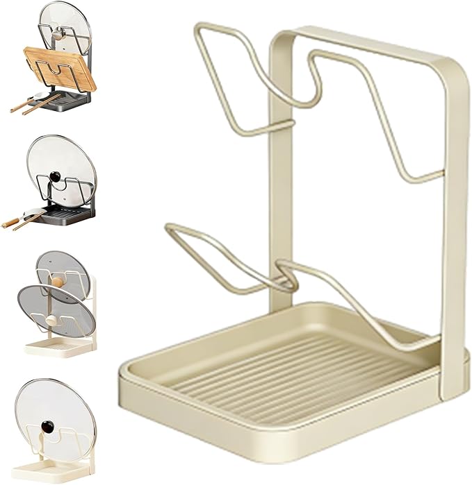 Kitchen Pot Lid Storage Rack, Pot Lid Organizer Rack, Holder While Cooking, Multifunctional Kitchen Pot Cover Organizer for Countertop, Two-Compartment Spatula Holder for Counter Stove Top (White B)