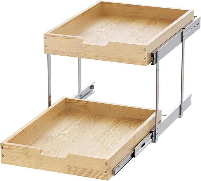 Sikarou Wood Pull Out Cabinet Organizer 2 Tie 20" W x 21" D, Heavy-Duty Sliding Drawers for Inside Cabinets Storage and Organization for Kitchen, Pantry, Bathroom