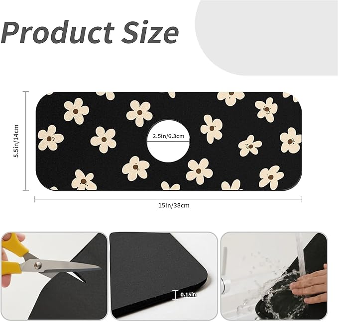 Kitchen Sink Splash Guard，Cream flowers Faucet Mat Sink Gadgets-Super Absorbent Fast Drying Mat Drip Catcher for Kitchen, Bathroom,Sink Mat, Dish Drying Mat, Bathroom(15" X 5.5" )