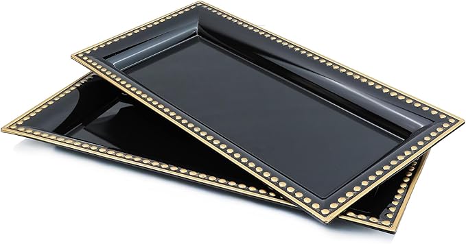 Leemxiiny 2 Pack Black Bathroom Vanity Tray for Countertop with Beads, Small Plastic Toilet Tank Versatile Storage Organization Tray for Makeup, Perfume, Desk, Kitchen, Candles, 14"x7"x1", 36B