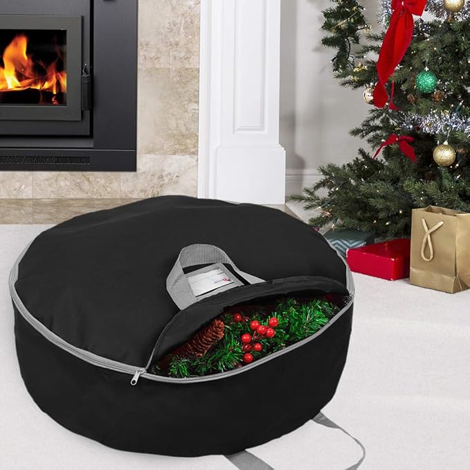 Primode Heavy Duty Wreath Storage Bag 30"- Garland Wreaths Container with Handles - Durable 600D Oxford Polyester Material Xmas Holiday Wreaths Storage Holder 30” (Black)