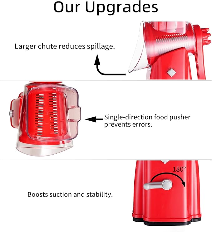 ChinKc Upgrade Rotary Cheese Grater Shredder with Handle, Strong Suction Base, Multi-purpose Rotary Grater Slicer with 5 Interchangeable Blades for Ice, Vegetables, Fruit, Nuts with Blade Storage Box