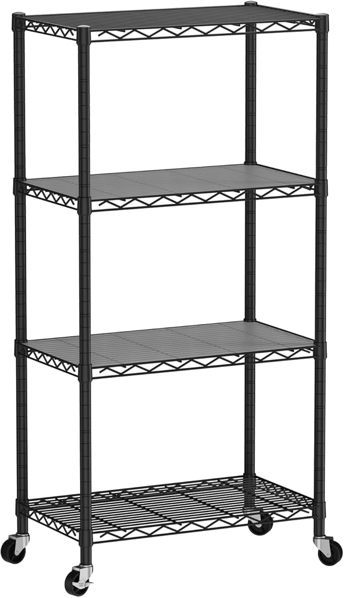 SINGAYE 4 Shelves Storage Shelf Wire Closet Bathroom Organizers Metal Pantry Kitchen Garage Shelving Unit Laundry Room Organization Home Rack Net Basket Black with Wheels