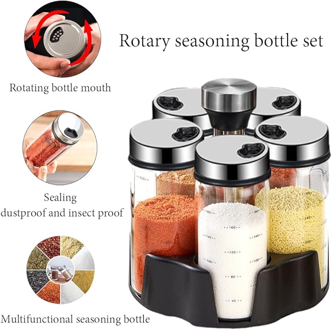 TINMIX Revolving Spice Rack Organizer, Rotating Seasoning Holder Shelf with 5 Large 200ml Glass Jars for Kitchen Countertop Cabinet