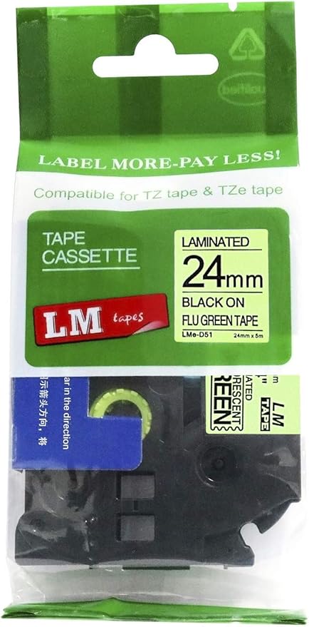 1/Pack LM Tapes - LMeD51 Premium 1" Black Print on Bright Green Label Compatible with Brother TZe-D51 P-Touch and Includes Tape Color/Size Guide. Replaces TZ-D51 24mm 0.94 Laminated Ptouch.
