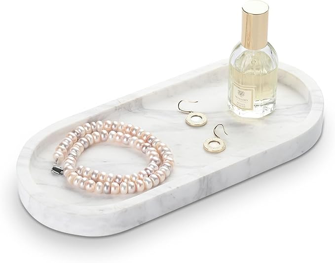 HAMAKAWA Oval Bathroom Vanity Tray, Large Natural Marble Sink Tray 10 inch, Volakas White Stone Soap Trays, Modern Perfume Trays, Countertop Organizer for Kitchen, Coffee Table, Home Decor