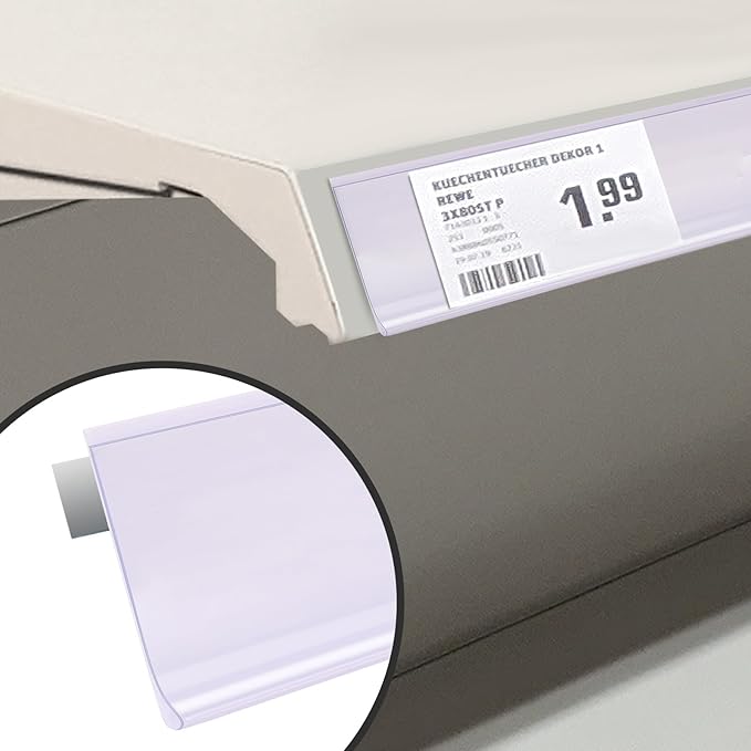 Shelf Label Strips, Pro Painter 50 Pack Self Adhesive 1.25”H Shelf Strip Price Tag Holder for Plastic, Metal and Wood Gondola Shelf, Clear Plastic Front/White Back Sign Holder for 48” Long Shelf