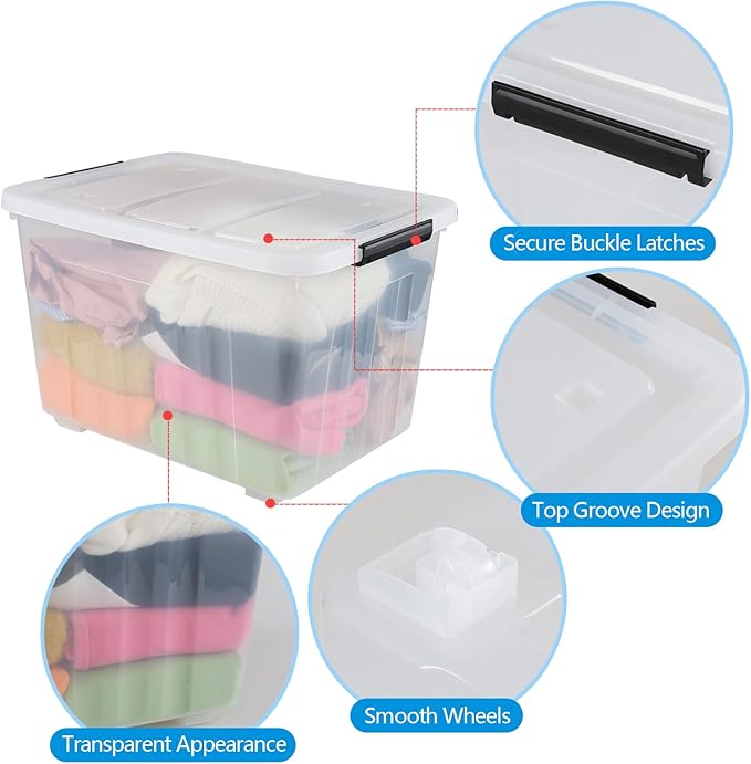 Wekioger 70 Quart Large Lidded Storage Bin 4 Packs, Plastic Latching Storage Container Box with Wheels