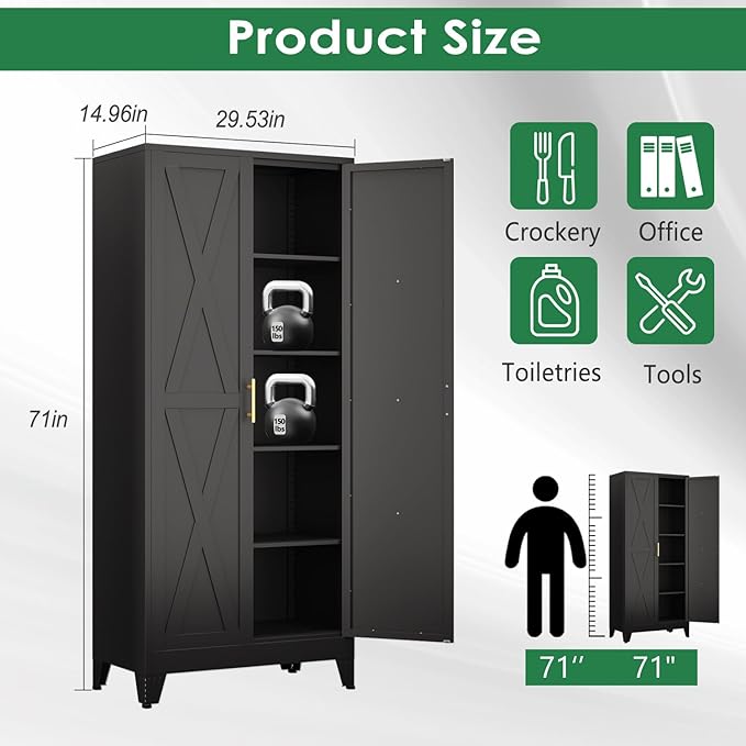 71" Tall Kitchen Pantry Cabinet, Metal Storage Cabinet with 2 Doors and 4 Adjustable Shelves, Black Food Pantry Cupboard for Kitchen, Dining Room, Living Room and Bathroom (Black)