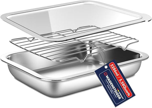 Stainless Steel Food Prep Container Set with Rack & Transparent Lid, Casserole, Bake Pan, Buffet Party Pans, Hotel Pan, For Oven Roasting/For Deep Frying Prep/Marination(No.4)