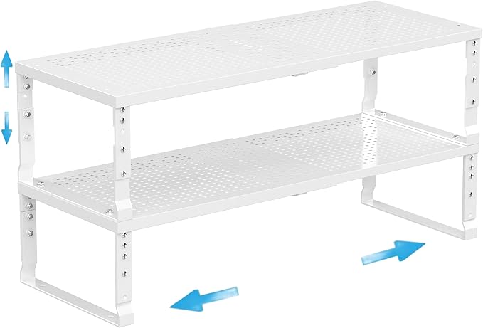 Wobmmi Expandable Spice Rack Kitchen Cabinet Shelf Organizer, Stackable Storage Shelves Racks, Adjustable Counter Shelving for Cabinets, Countertop, Cupboard,Pantry and More(2Packs/White/Medium)