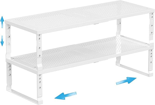 Wobmmi Expandable Spice Rack Kitchen Cabinet Shelf Organizer, Stackable Storage Shelves Racks, Adjustable Counter Shelving for Cabinets, Countertop, Cupboard,Pantry and More(2Packs/White/Medium)