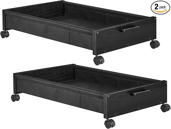 Under Bed Storage with Wheels, Wooden Under Bed Drawers On Wheels, Rolling Under Bed Shoe Storage, Space Saving, Black,50L